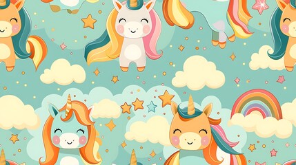 A seamless pattern of magical cartoon unicorns and rainbows, prancing in a sky with sparkling stars and clouds, pastel colors, gentle gradients, hd quality, natural look. --ar 16:9 --v 6.
