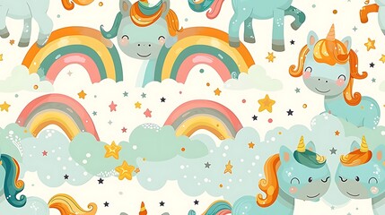 A seamless pattern of magical cartoon unicorns and rainbows, prancing in a sky with sparkling stars and clouds, pastel colors, gentle gradients, hd quality, natural look. --ar 16:9 --v 6.