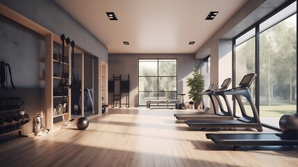 Obraz premium A contemporary home gym featuring high-end equipment and modern design elements 