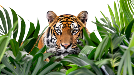 Tiger prowling through the dense jungle foliage, white background for clipping