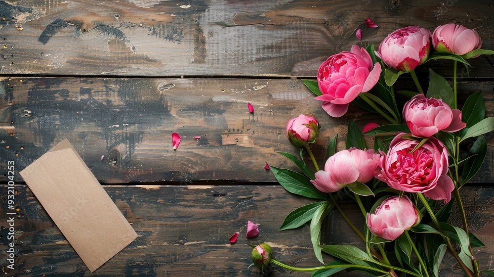 Wall mural pink peonies and roses on rustic wooden background with card concept and copy space