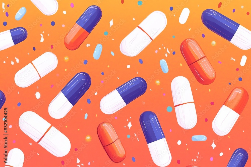 Aufkleber dynamic and energetic pattern of red white and blue capsules on an orange background symbolizing the