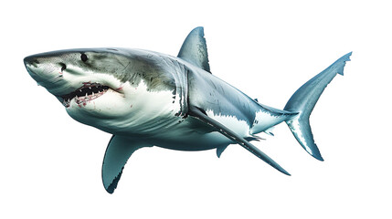 Fototapeta premium Great white shark swimming menacingly towards the camera, white background for clipping