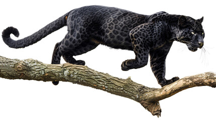 Fototapeta premium Panther poised to leap from a tree branch towards its prey, white background for clipping