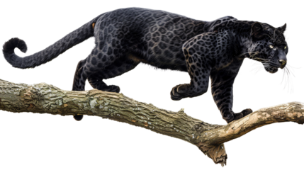 Panther poised to leap from a tree branch towards its prey, white background for clipping