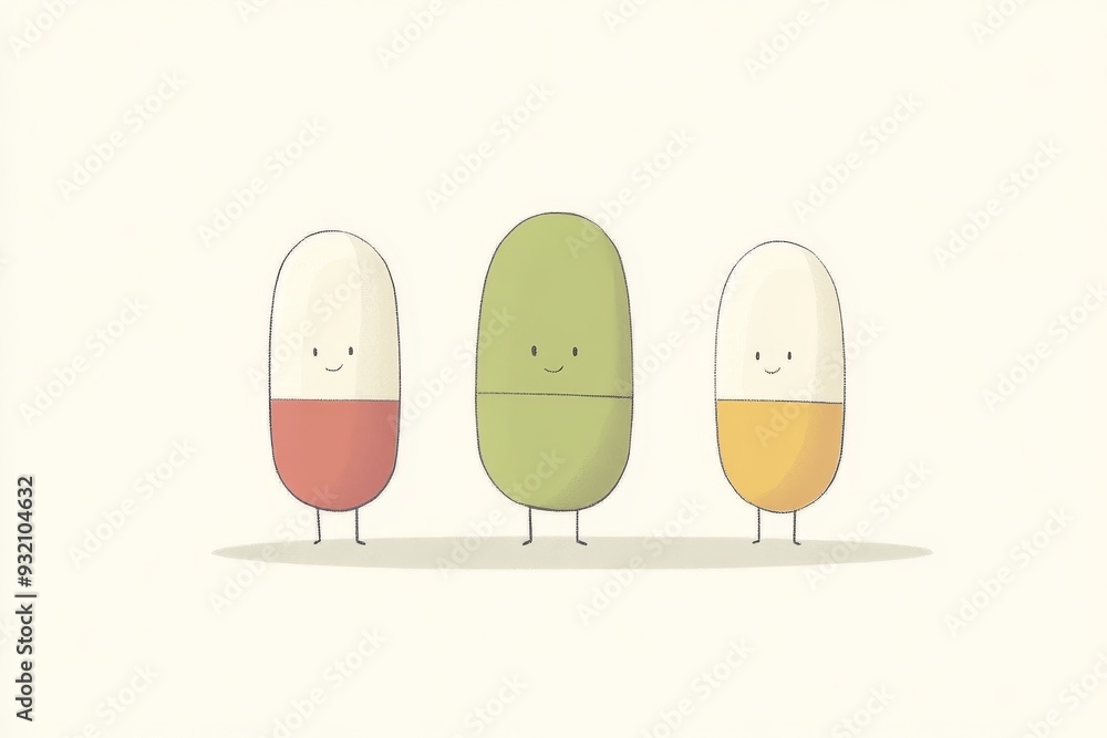 Poster minimalist and clean illustration of three simple capsule characters with neutral expressions standi