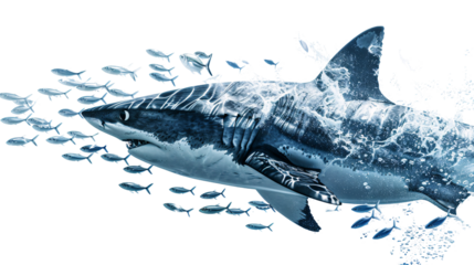 Shark gliding through the water towards a school of fish, white background for clipping