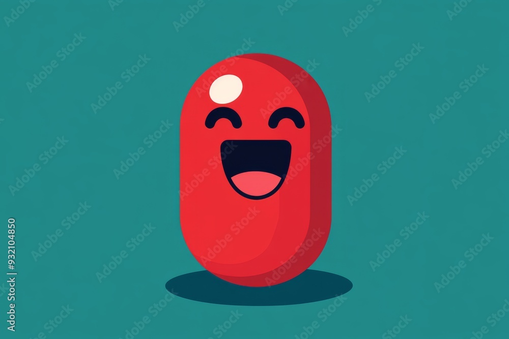 Poster bold red capsule character with a winking face on a teal background symbolizing confidence and posit