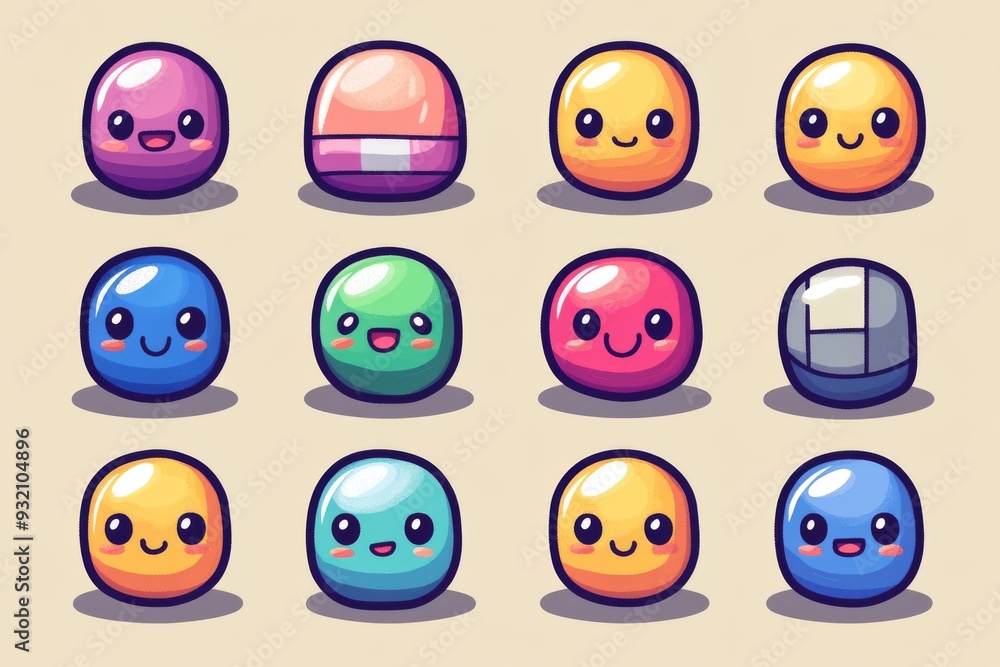 Poster set of expressive emoji style capsule characters in different colors and emotions perfect for repres