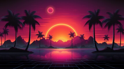 Retro Sunset Landscape with Palm Trees and Ocean