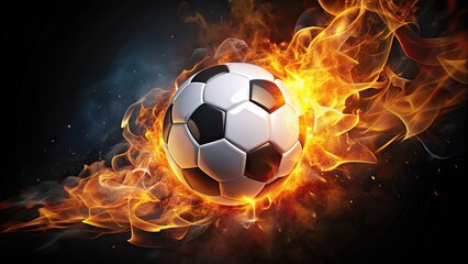 Naklejka premium Flaming soccer ball with a bold, abstract logo emblazoned on its surface, set against a dark background with fiery sparks and shadows.