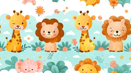 Fototapeta premium A seamless pattern of playful cartoon giraffes and lions chasing each other in the grassy savannah, with elephants watching from a distance, bright and warm colors, dynamic action, hd quality,