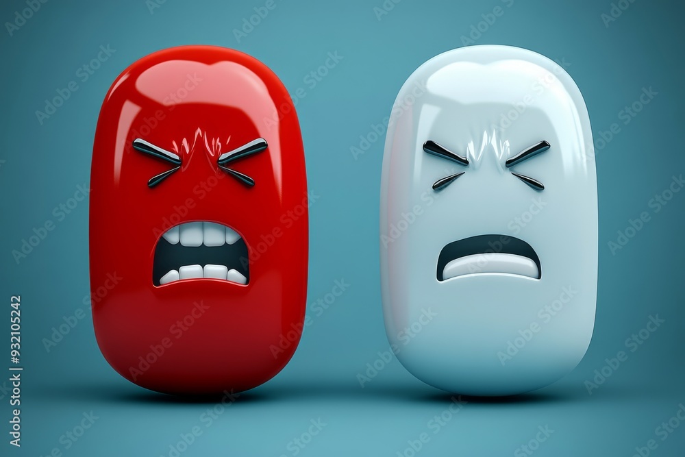 Poster expressive illustration of two capsule characters in red and white displaying angry and frustrated f