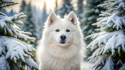 Obraz premium Fluffy white Samoyed dog stands in a snowy winter landscape, surrounded by evergreen trees, with a gentle expression and a frosty nose.