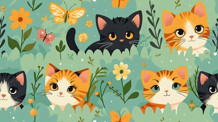 A seamless pattern of playful cartoon kittens chasing after butterflies in a sunny garden, vibrant greens and yellows, detailed fur and flower textures, soft lighting, hd quality, natural look.