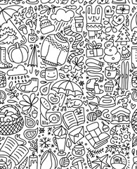 Obraz premium Doodle seamless pattern of hygge elements. Autumn and winter cozy things. Background for posters, prints, textiles, wrappers, wallpapers, surface design. Linear hand drawn vector illustration.