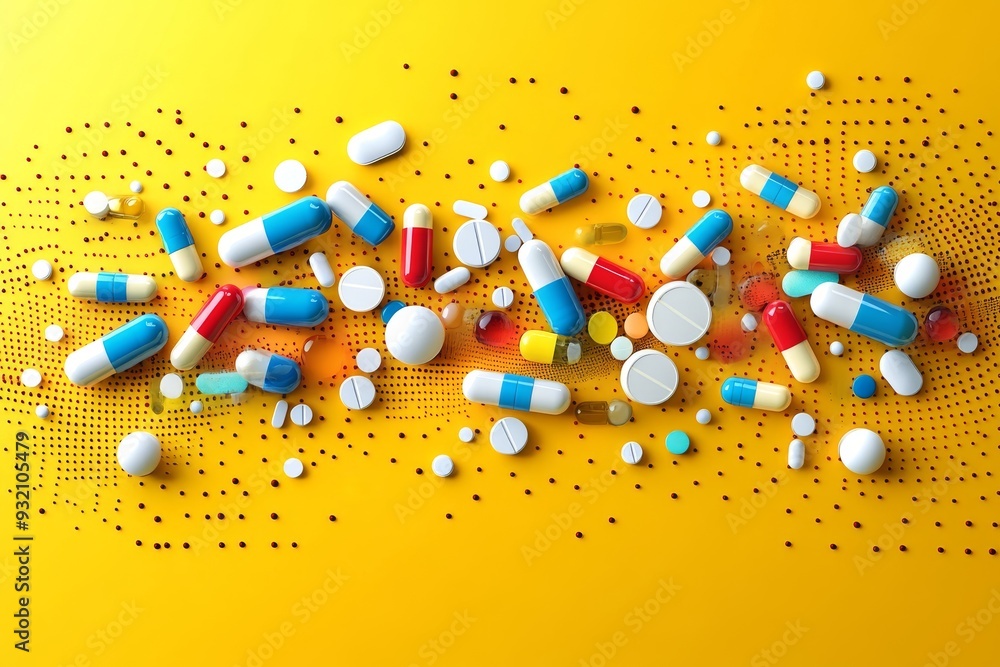 Poster dynamic and energetic pattern of pills and capsules scattered on a vibrant yellow background emphasi