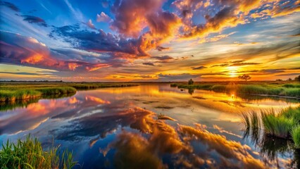 Golden Sunset Reflection in Still Water, lake , sunset , reflection , nature