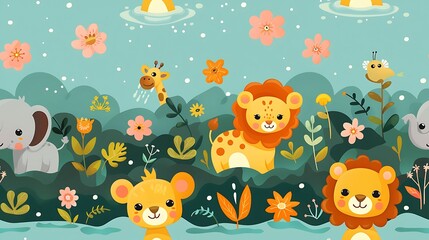 Obraz premium A seamless pattern of playful cartoon lions, giraffes, and elephants splashing in a watering hole in the savannah, surrounded by lush trees and grassy plains, vibrant colors, dynamic poses,