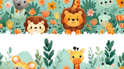 Naklejka premium A seamless pattern of playful cartoon lions, zebras, and giraffes wandering through the savannah, with tall grass and distant mountains in the background, warm earth tones, dynamic poses, hd quality,