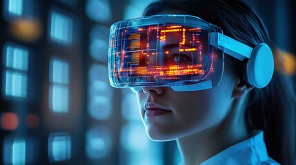 Woman Wearing VR Headset Immersed in Digital World