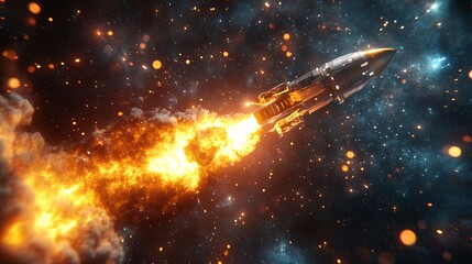 Futuristic space rocket launch, 3D render emphasizing advanced technology and development, with detailed rocket and vibrant blast effects