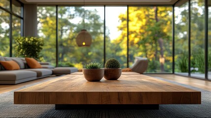 contemporary living room with warm wood accents and blurred background sleek furniture and clean lines create inviting modern atmosphere emphasis on empty table for product placement