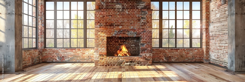 Poster empty space with a brick fireplace and large windows