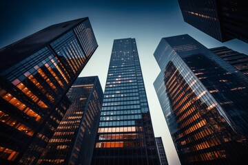 Fototapeta premium Modern Skyscrapers at Twilight: A Cityscape of Glass and Steel