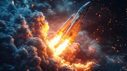 Tech innovation in action, 3D render of a space rocket launch, illustrating the development process with a high-tech rocket and dramatic liftoff