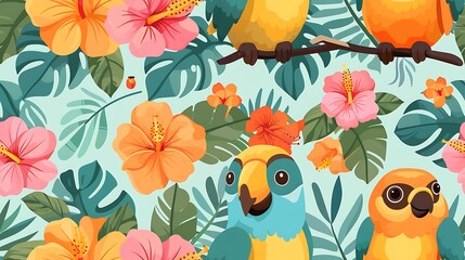 Obraz premium A seamless pattern of playful cartoon toucans and parrots with vivid plumage, sitting among palm leaves and hibiscus flowers, bright tropical colors, dynamic poses, detailed feather and leaf textures,