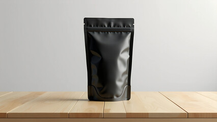 Mock up standing pouch black foil, on a cream wooden table with a clean white background, Ai generated Image