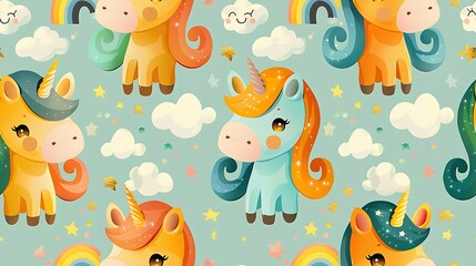 A seamless pattern of playful cartoon unicorns surrounded by sparkles and rainbows, with magical dust trailing from their hooves, soft colors, dynamic poses, glowing highlights, hd quality,