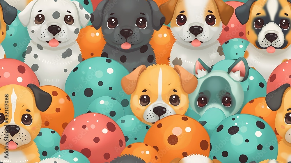 Wall mural A seamless pattern of various breeds of cartoon puppies playing in a colorful ball pit, vibrant primary colors, playful expressions, detailed ball textures, soft shadows, hd quality, natural look.