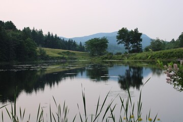 Pond, Rolling Hills, and Mountain Landscape 