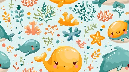 Fototapeta premium A seamless pattern of playful cartoon whales and dolphins swimming together in a bright blue sea, with starfish and coral in the background, rich oceanic colors, soft shadows, hd quality,