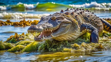 Fototapeta premium a-large-crocodile-floating-under-seaweed-filled