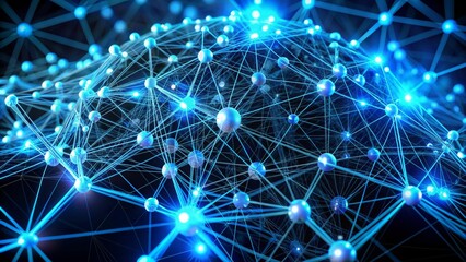 Interconnected Glowing Spheres in a Blue Network, 3D Rendering, Abstract, Connection, Technology, Network, Sphere