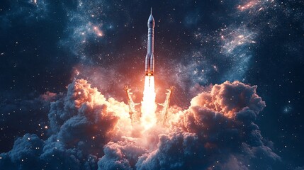 Tech innovation in action, 3D render of a space rocket launch, illustrating the development process with a high-tech rocket and dramatic liftoff