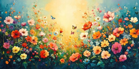 Colorful Flower Garden with Butterflies