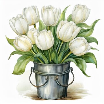 Bouquet of white tulips in a vintage metal bucket. Watercolor illustration of a bunch of flowers isolated on white background. Spring concept for greeting cards, prints