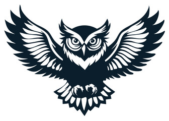 Obraz premium Silhouette vector illustration of an owl in flight with wings spread, bird of prey