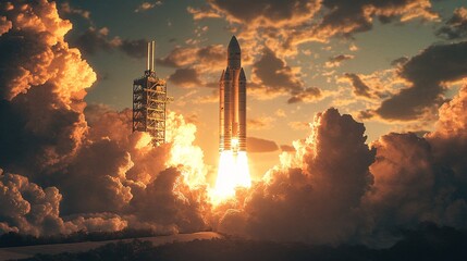 Tech innovation in action, 3D render of a space rocket launch, illustrating the development process with a high-tech rocket and dramatic liftoff