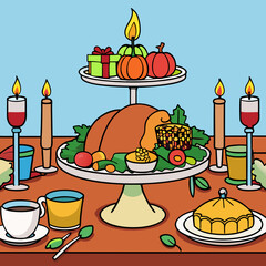 Elegant Thanksgiving Table Setting Featuring Roast Turkey, Stuffing, Cranberry Sauce, and Festive Décor art vector illustration