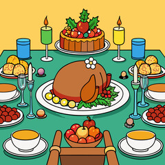 Elegant Thanksgiving Table Setting Featuring Roast Turkey, Stuffing, Cranberry Sauce, and Festive Décor art vector illustration