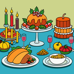 Elegant Thanksgiving Table Setting Featuring Roast Turkey, Stuffing, Cranberry Sauce, and Festive Décor art vector illustration