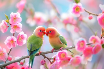 Two beautiful birds with red beaks, sitting on blooming flowers in spring, kissing each other and looking at each other