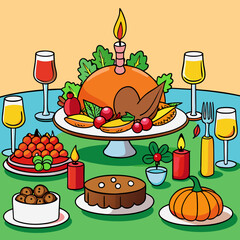 Elegant Thanksgiving Table Setting Featuring Roast Turkey, Stuffing, Cranberry Sauce, and Festive Décor art vector illustration
