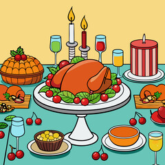 Elegant Thanksgiving Table Setting Featuring Roast Turkey, Stuffing, Cranberry Sauce, and Festive Décor art vector illustration