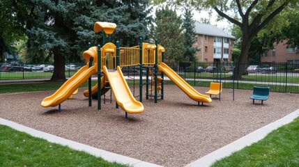 Fototapeta premium Kids enjoy a colorful playground with slides and climbing features surrounded by green grass and trees in this lively outdoor park environment